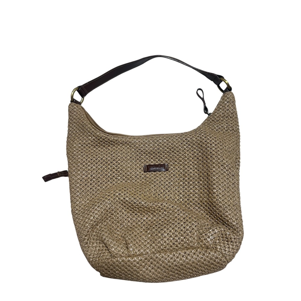 Strada Crochet Hobo Bag Tan Straw Shoulder Purse with Coin Pouch Brown Strap